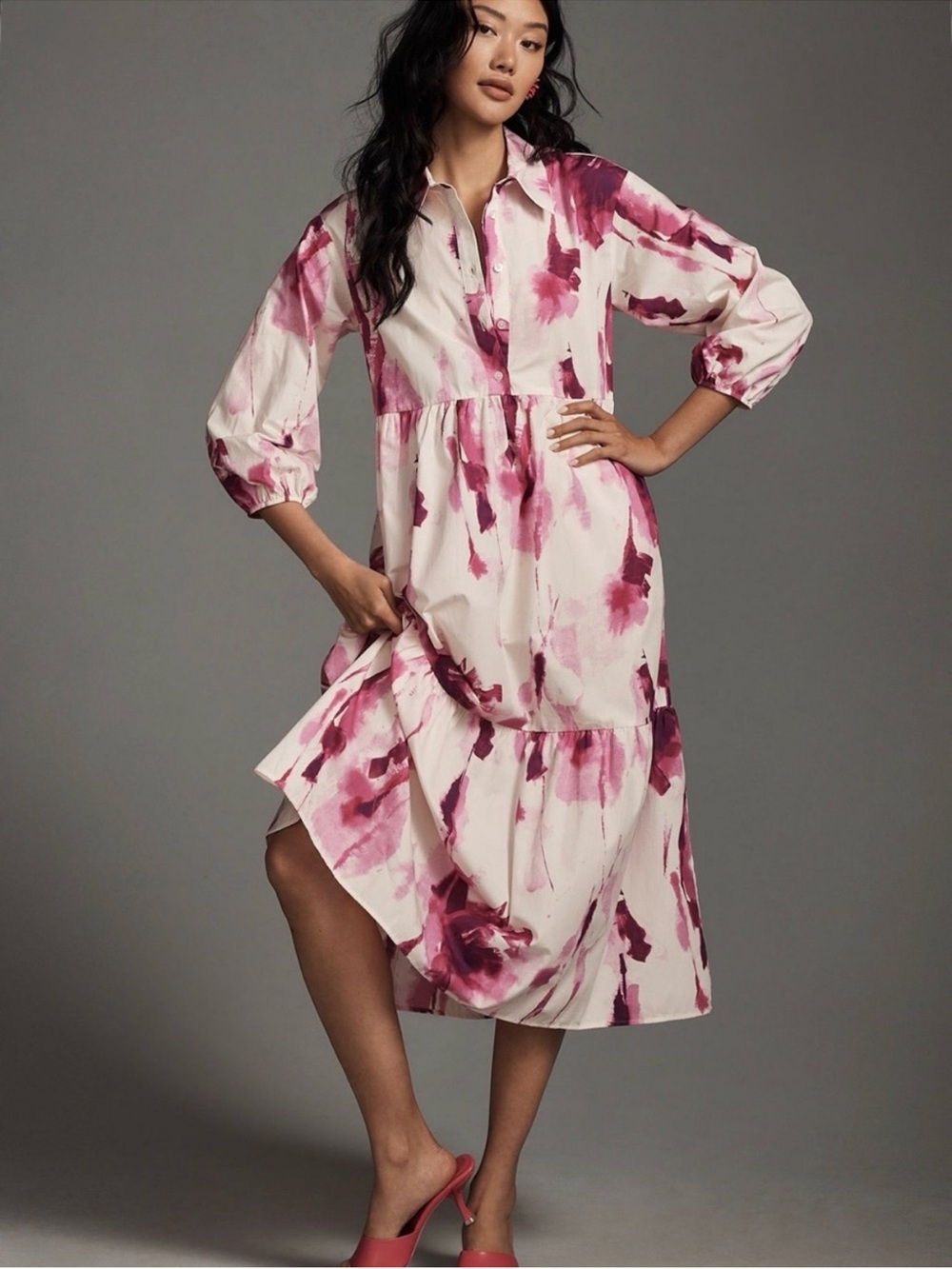 Anthropologie Maeve Bettina Tiered Midi Shirt Dress Pink Watercolor Small NWOT